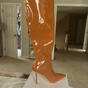 Tan Patent Leather Knee-High Boots